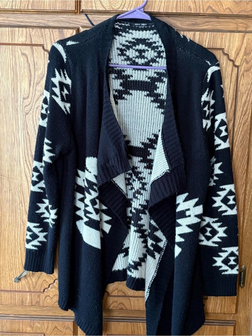 Open-Front Black and Cream Aztec Knit Sweater Cardigan